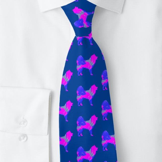 Samoyed Hund Silhouette Rosa & Blau Dunkelblau Krawatte (Samoyed pink and blue silhouette pattern tie on blue background )