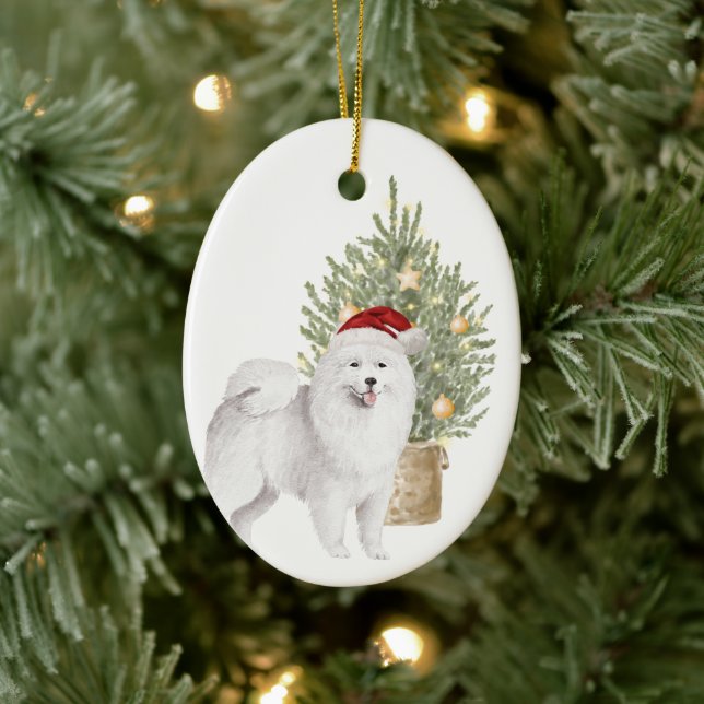 Samoyed Hund und Weihnachtsbaum Wasserfarbene Haus Keramik Ornament (Baum)