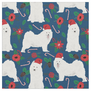 Samoyed Hunde Weihnachten Blumennacht Blau Stoff