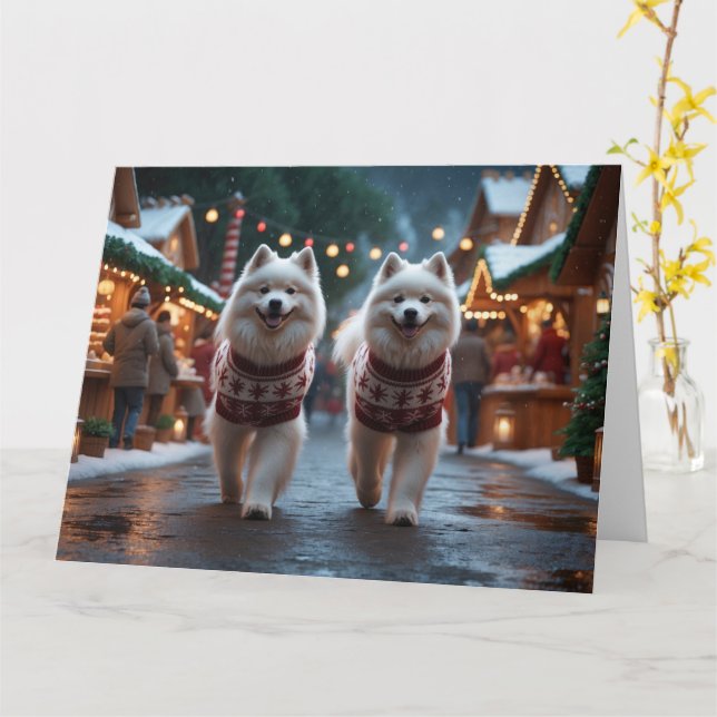 Samoyed Hunde Weihnachts-Schneeurlaub Karte (Gelbe Blume)