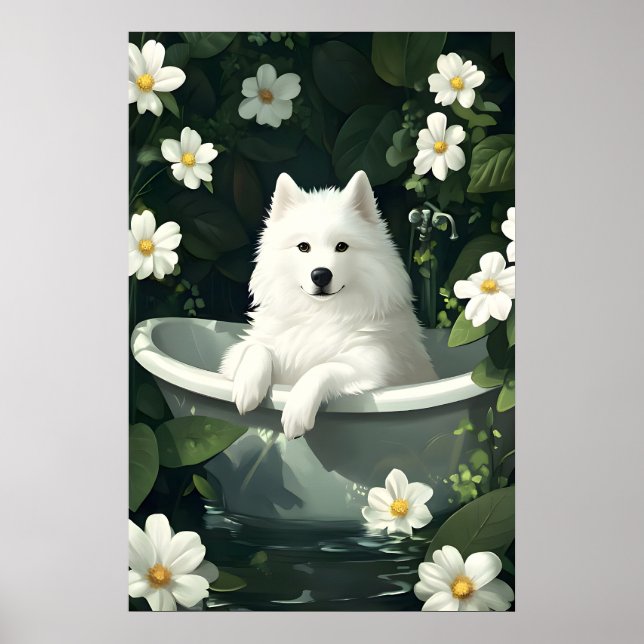Samoyed In Bathtub Poster, Funny Dog Poster (Vorne)