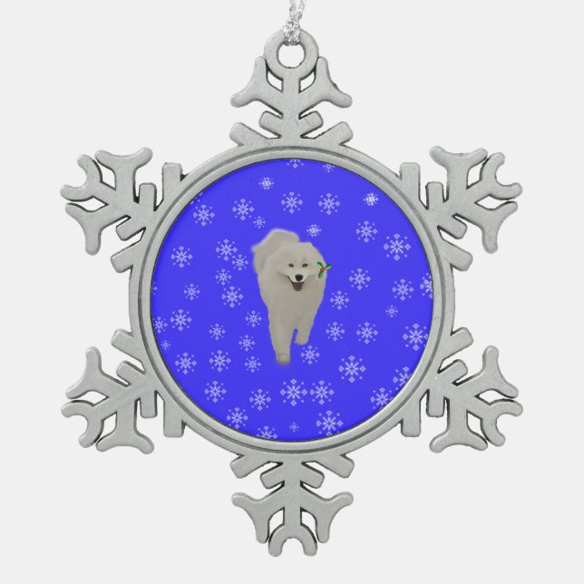 Samoyed mit Blau, Schneeflocken Zinn-Ornament (Vorderseite)
