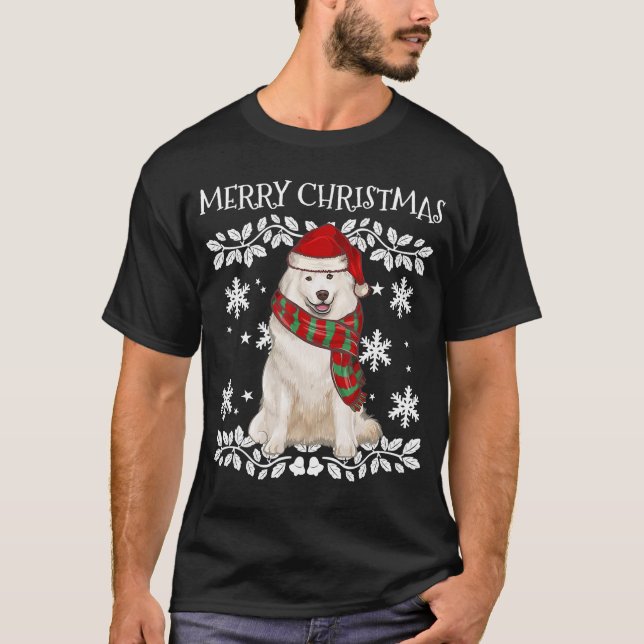 Samoyed mit Weihnachtsmannmütze hässlich Weihnacht T-Shirt (Vorderseite)