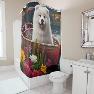 Samoyed on a Paddle: Ein Landschaftliches Abenteue Duschvorhang