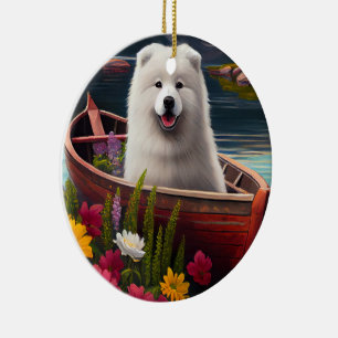 Samoyed on a Paddle: Ein Landschaftliches Abenteue Keramik Ornament