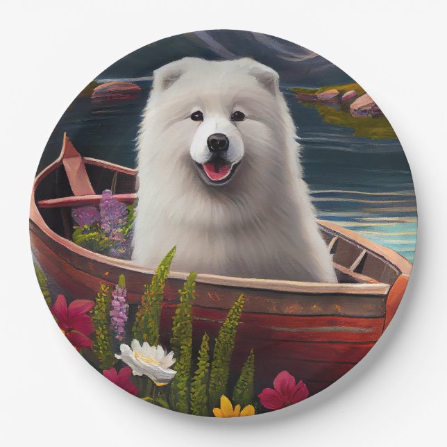 Samoyed on a Paddle: Ein Landschaftliches Abenteue Pappteller (Vorderseite)