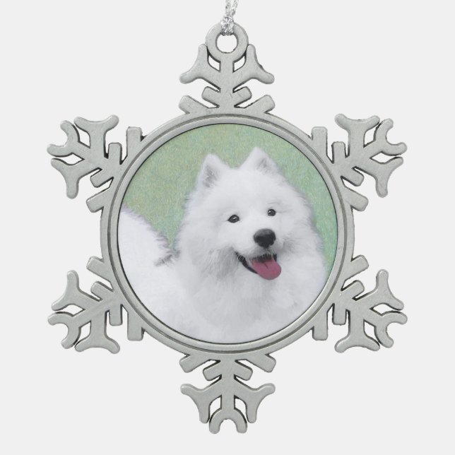 Samoyed Painting - Niedliche Original Dog Art Schneeflocken Zinn-Ornament (Vorderseite)