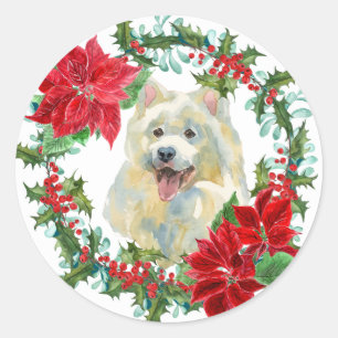 Samoyed Poinsettia Holly Holiday Wreath Runder Aufkleber