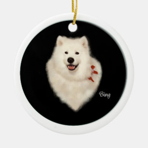 Samoyed-Porträt Frt u. Weihnachtsbaum Bck Keramik Ornament