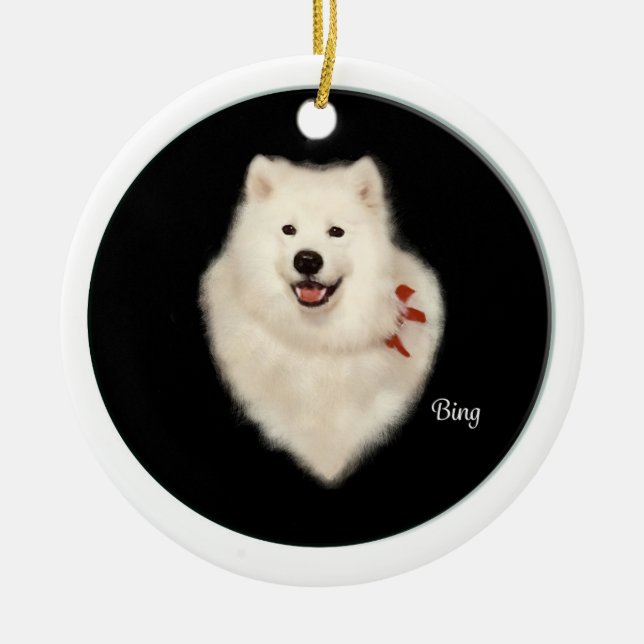 Samoyed-Porträt Frt u. Weihnachtsbaum Bck Keramik Ornament (Vorne)