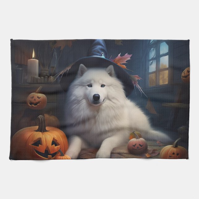Samoyed Pumpkins Halloween Beängstigend Geschirrtuch (Horizontal)