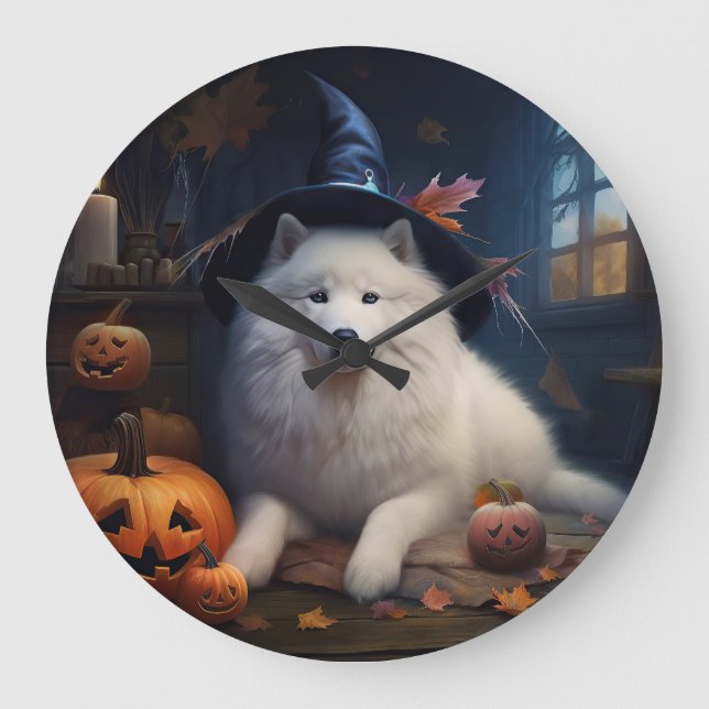 Samoyed Pumpkins Halloween Beängstigend Große Wanduhr (Vorderseite)