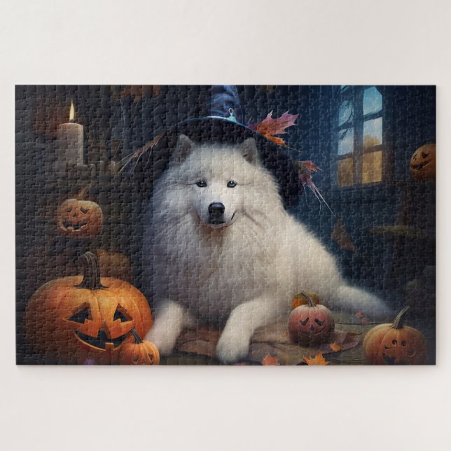 Samoyed Pumpkins Halloween Beängstigend Puzzle (Horizontal)