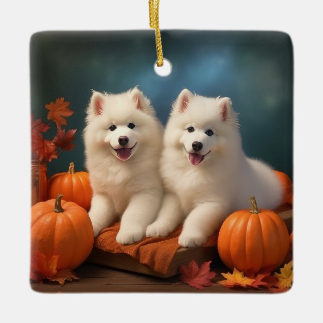 Samoyed Puppy Autumn Delight Pumpen Keramikornament (Vorderseite)