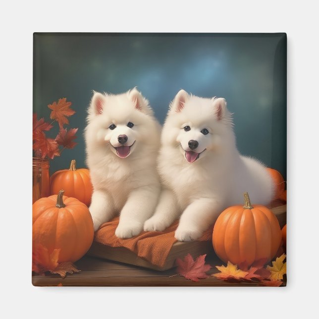 Samoyed Puppy Autumn Delight Pumpen Magnet (Vorne)
