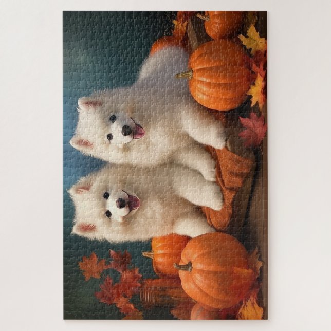 Samoyed Puppy Autumn Delight Pumpen Puzzle (Vertikal)