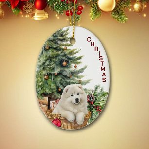 Samoyed Puppy Wicker Basket Weihnachten Keramik Ornament