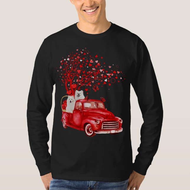 Samoyed Riding Red Truck Valentine Butterfly Herz T-Shirt (Vorderseite)