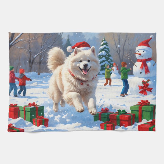 Samoyed Running in Snow mit Weihnachtshut Geschirrtuch (Horizontal)