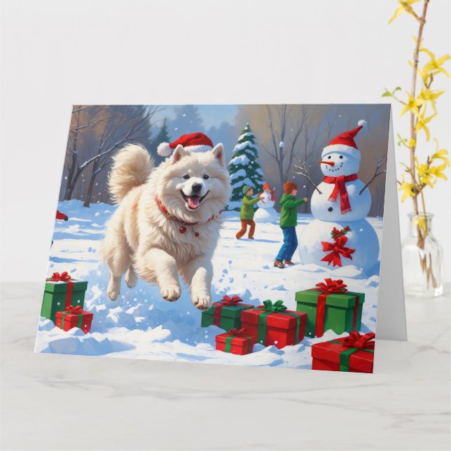 Samoyed Running in Snow mit Weihnachtshut Karte (Gelbe Blume)