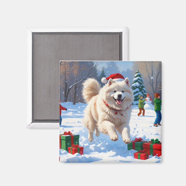 Samoyed Running in Snow mit Weihnachtshut Magnet (Vorderseite/Rückseite)