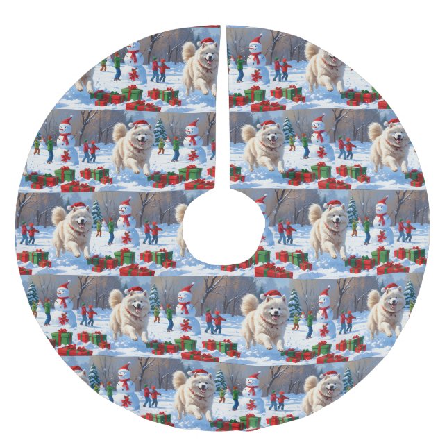 Samoyed Running in Snow mit Weihnachtshut Polyester Weihnachtsbaumdecke (Vorderseite)