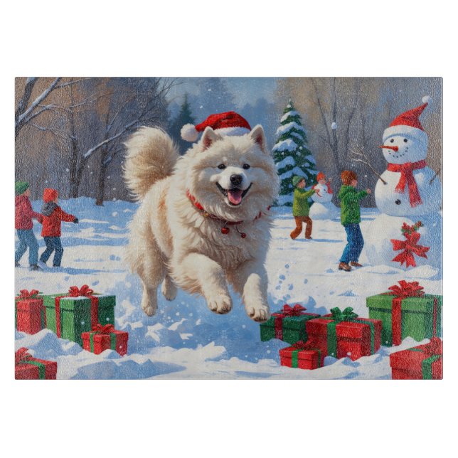 Samoyed Running in Snow mit Weihnachtshut Schneidebrett (Vorderseite)