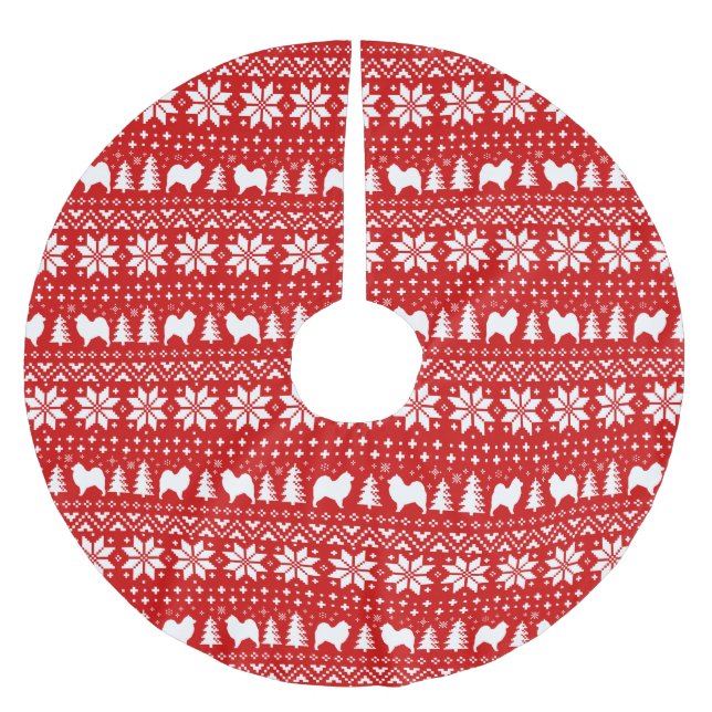 Samoyed-Silhouette-Weihnachtsmuster-Rot Polyester Weihnachtsbaumdecke (Vorderseite)