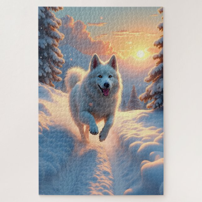 Samoyed Snowy Mountain Adventure Christmas Puzzle (Vertikal)