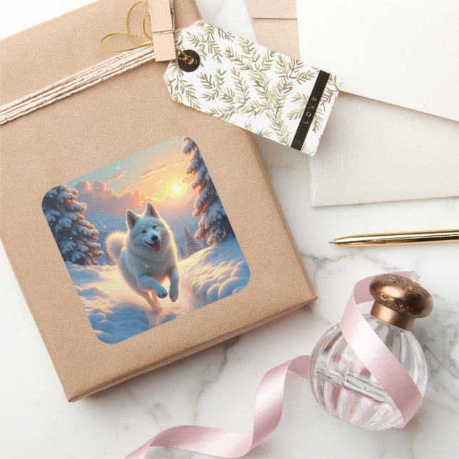 Samoyed Snowy Mountain Adventure Christmas Quadratischer Aufkleber (Schenken)