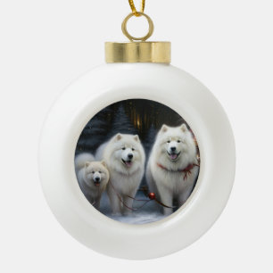 Samoyed Snowy Sleigh Weihnachtsdekor Keramik Kugel-Ornament