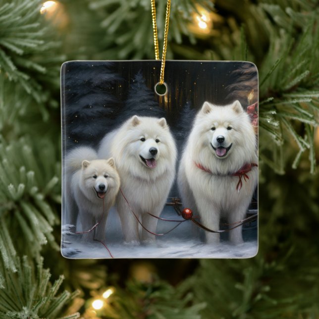 Samoyed Snowy Sleigh Weihnachtsdekor Keramikornament (Baum)
