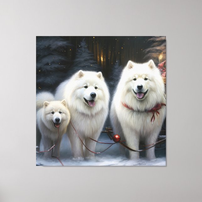 Samoyed Snowy Sleigh Weihnachtsdekor Leinwanddruck (Vorderseite)