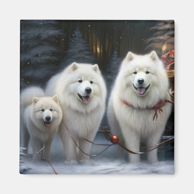 Samoyed Snowy Sleigh Weihnachtsdekor Magnet (Vorne)