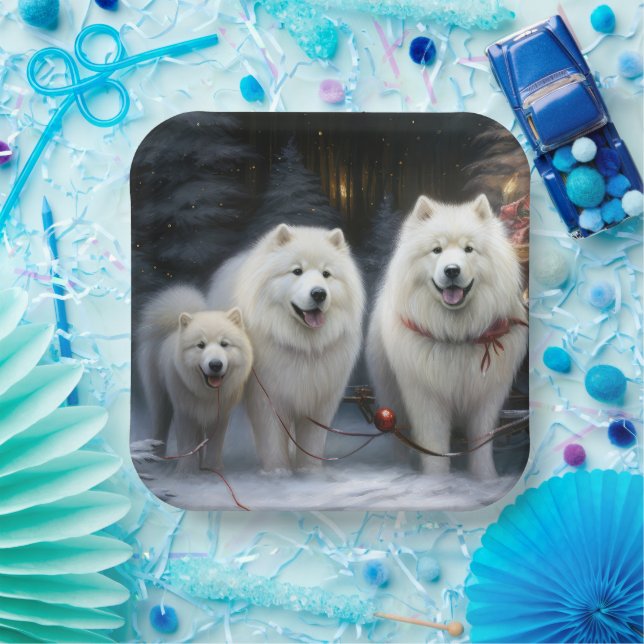 Samoyed Snowy Sleigh Weihnachtsdekor Pappteller (Party)