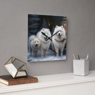 Samoyed Snowy Sleigh Weihnachtsdekor Quadratische Wanduhr
