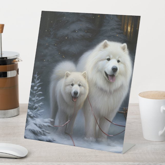 Samoyed Snowy Sleigh Weihnachtsdekor Sockelschild (In Situ)
