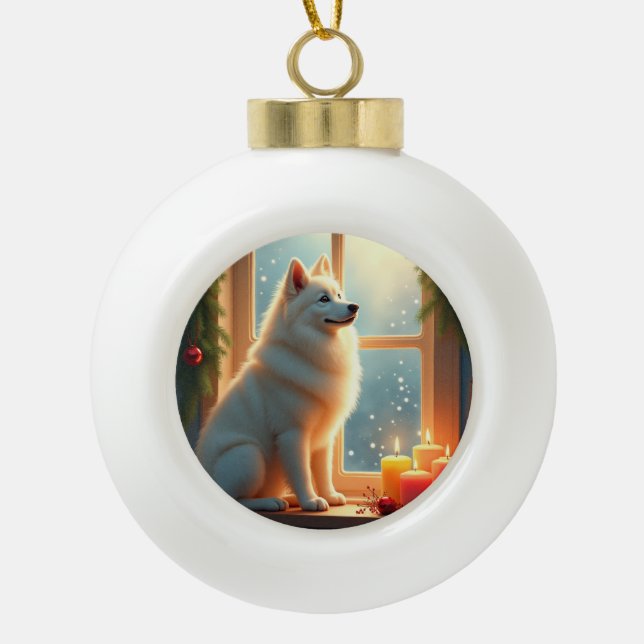 Samoyed Under the Mistletoe Christmas Painting Keramik Kugel-Ornament (Vorderseite)