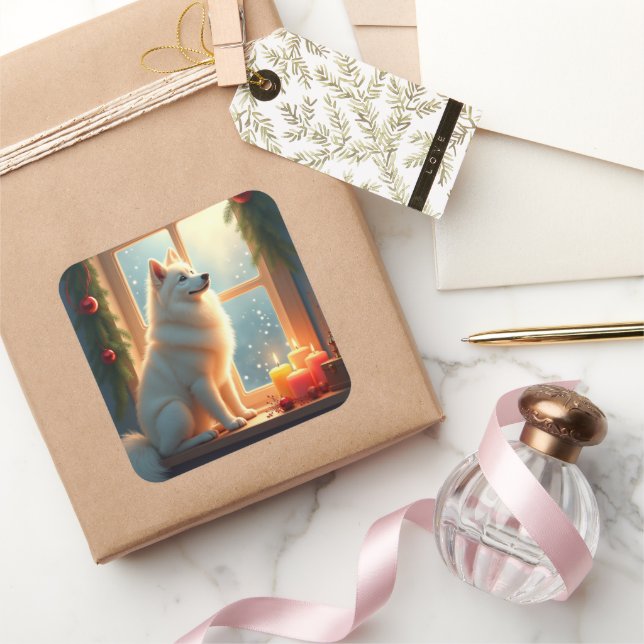 Samoyed Under the Mistletoe Christmas Painting Quadratischer Aufkleber (Schenken)