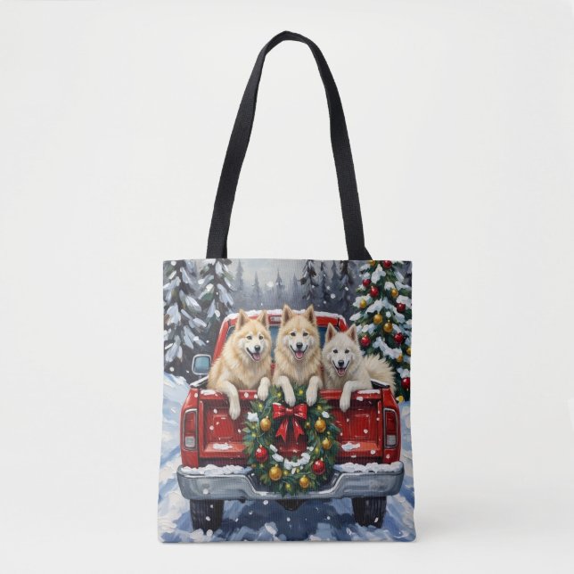 Samoyed Weihnachten Rotes Lastwagen Ferien (Vorderseite)