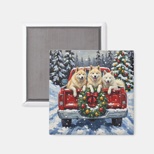 Samoyed Weihnachten Rotes Lastwagen Ferien Magnet
