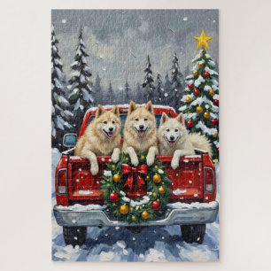 Samoyed Weihnachten Rotes Lastwagen Urlaub Puzzle
