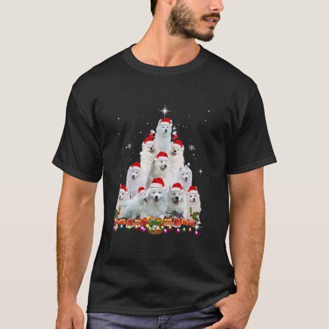 Samoyed Weihnachtsmannmütze Weihnachtsbaum Lichter T-Shirt (Vorderseite)