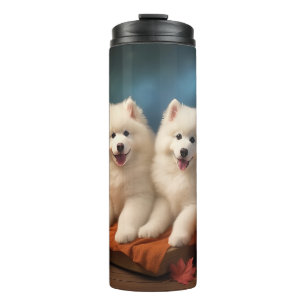 Samoyed Welpe Herbstfreude Kürbis Thermosbecher