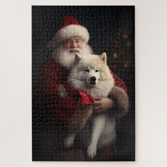 Samoyed with Santa Claus festliche Weihnachten Puzzle (Vertikal)