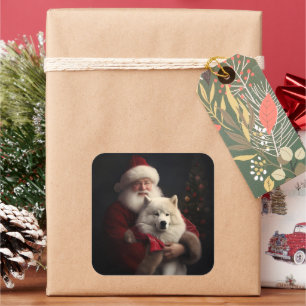Samoyed with Santa Claus festliche Weihnachten Quadratischer Aufkleber