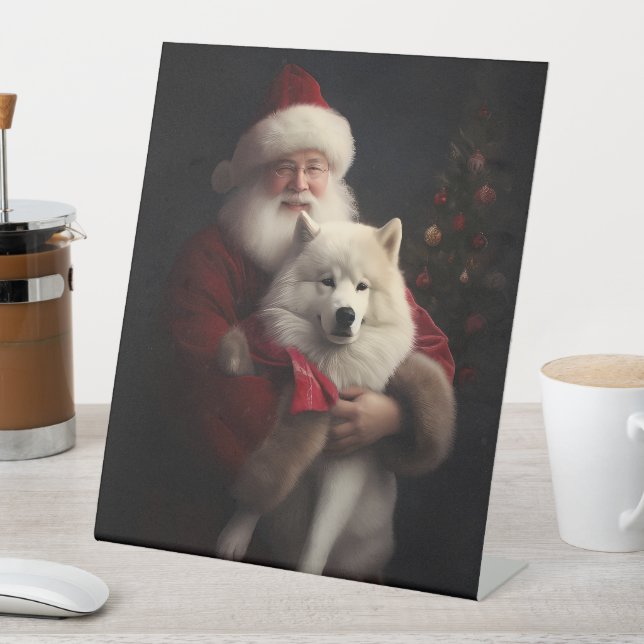 Samoyed with Santa Claus festliche Weihnachten Sockelschild (In Situ)