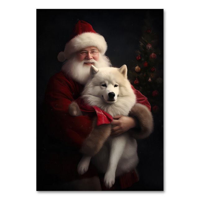 Samoyed with Santa Claus festliche Weihnachten Tischnummer (Vorderseite)