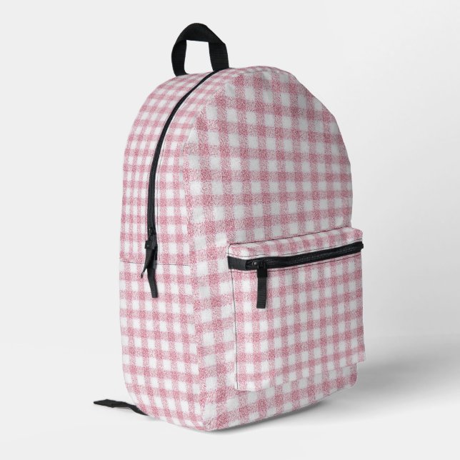 Samtiges Rosa-Weiß-Gingham-Charm Bedruckter Rucksack (Rückseitige Ecke links)