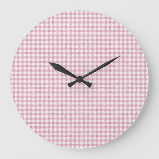 Samtiges Rosa-Weiß-Gingham-Charm Große Wanduhr (Vorderseite)